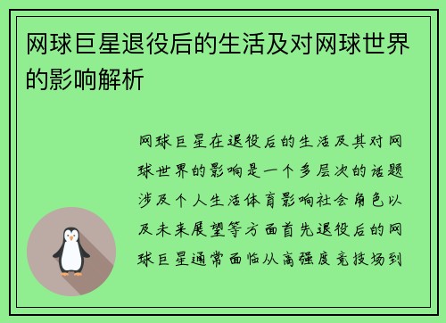 网球巨星退役后的生活及对网球世界的影响解析